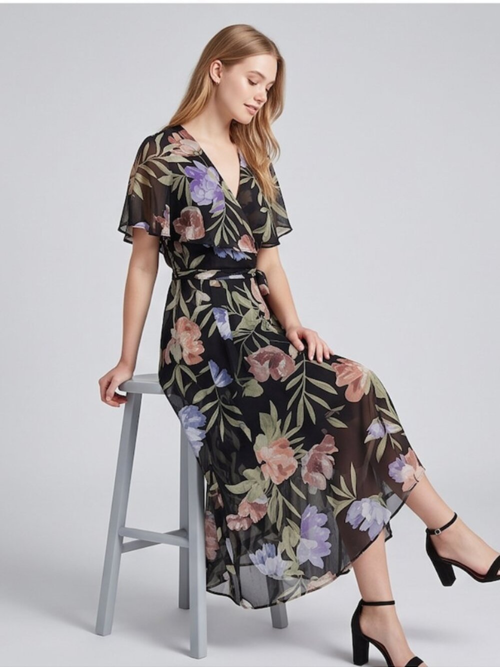 Gabby Skye Black Floral Faux-Wrap Midi Dress - Picture 6 of 11